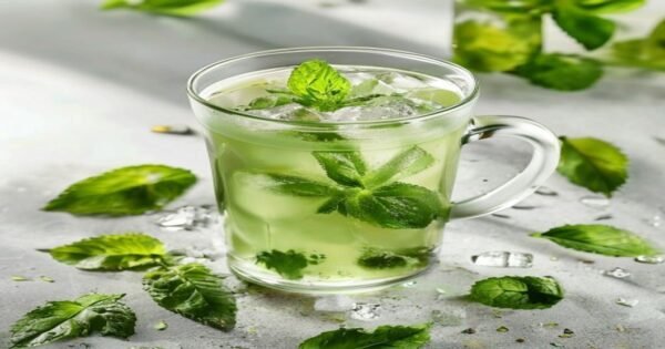 Cold brew green tea in a clear glass with ice