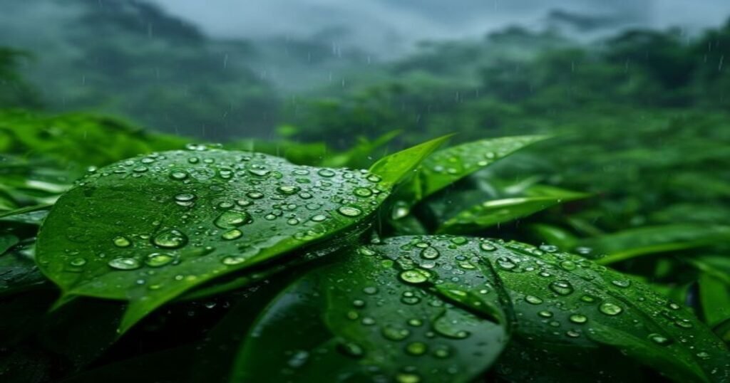 Rain falling on green tea leaves in Meghalaya