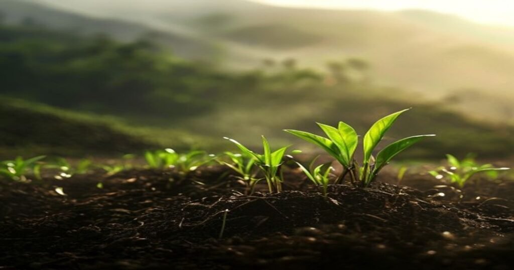 Fresh tea leaves in rich garden soil