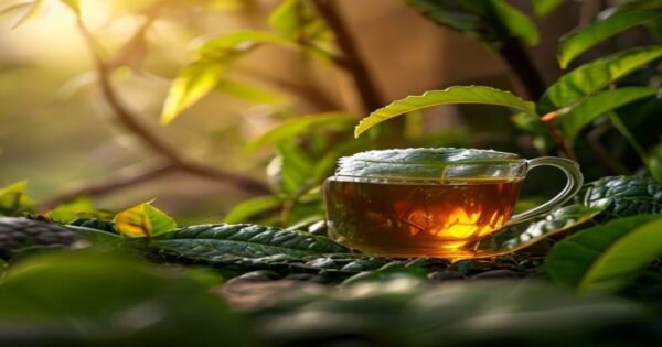 Freshly harvested green tea leaves glistening in sunlight